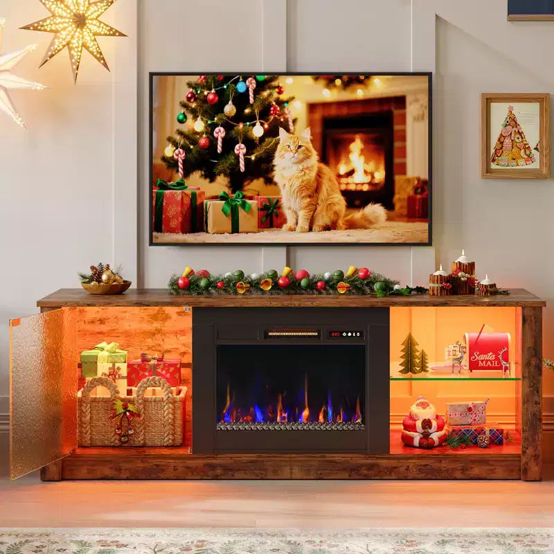 Meuble TV cheminée Bestier 63" pour téléviseurs jusqu'à 70", meuble TV LED avec étagères de rangement et armoire, console média avec chauffage télécommandé