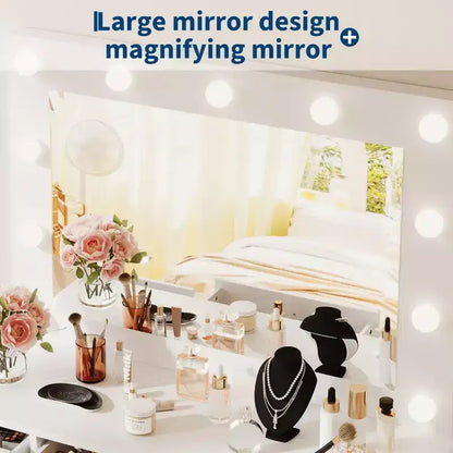 Coiffeuse avec miroir et lumières de 140 cm, grande commode en bois avec 7 tiroirs et armoire, coiffeuse moderne pour chambre à coucher