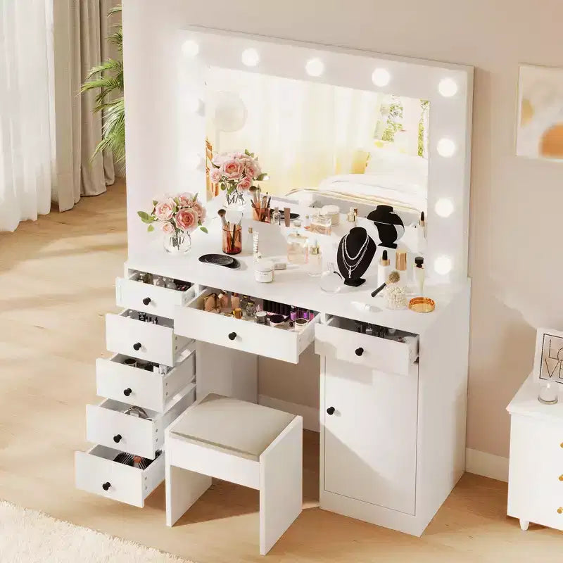 Coiffeuse avec miroir et lumières de 140 cm, grande commode en bois avec 7 tiroirs et armoire, coiffeuse moderne pour chambre à coucher
