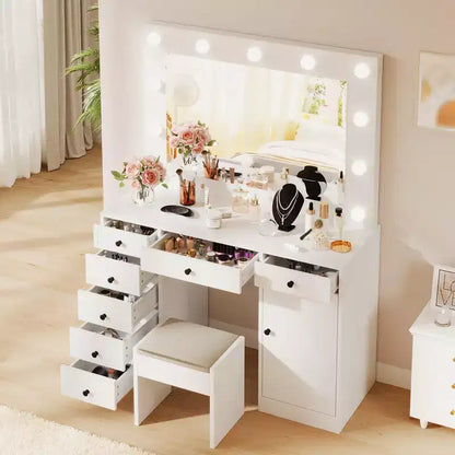Coiffeuse avec miroir et lumières de 140 cm, grande commode en bois avec 7 tiroirs et armoire, coiffeuse moderne pour chambre à coucher