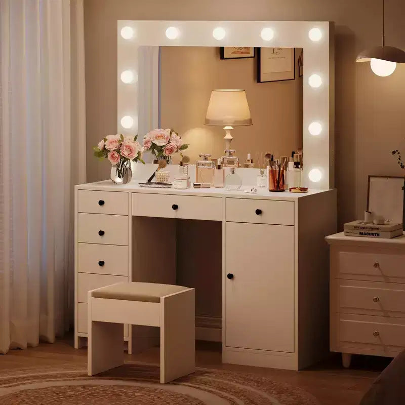 Coiffeuse avec miroir et lumières de 140 cm, grande commode en bois avec 7 tiroirs et armoire, coiffeuse moderne pour chambre à coucher