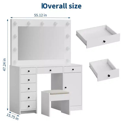 Coiffeuse avec miroir et lumières de 140 cm, grande commode en bois avec 7 tiroirs et armoire, coiffeuse moderne pour chambre à coucher