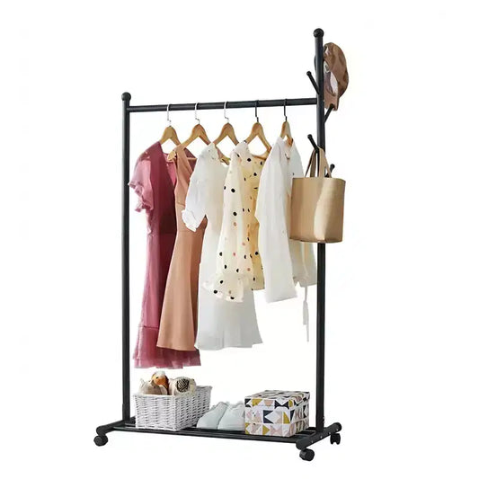 Metal Clothing Rack for Hanging Clothes, Freestanding Garment Rack with Wheels, Rolling Clothing Rack for Hallway Bedroom Living Room