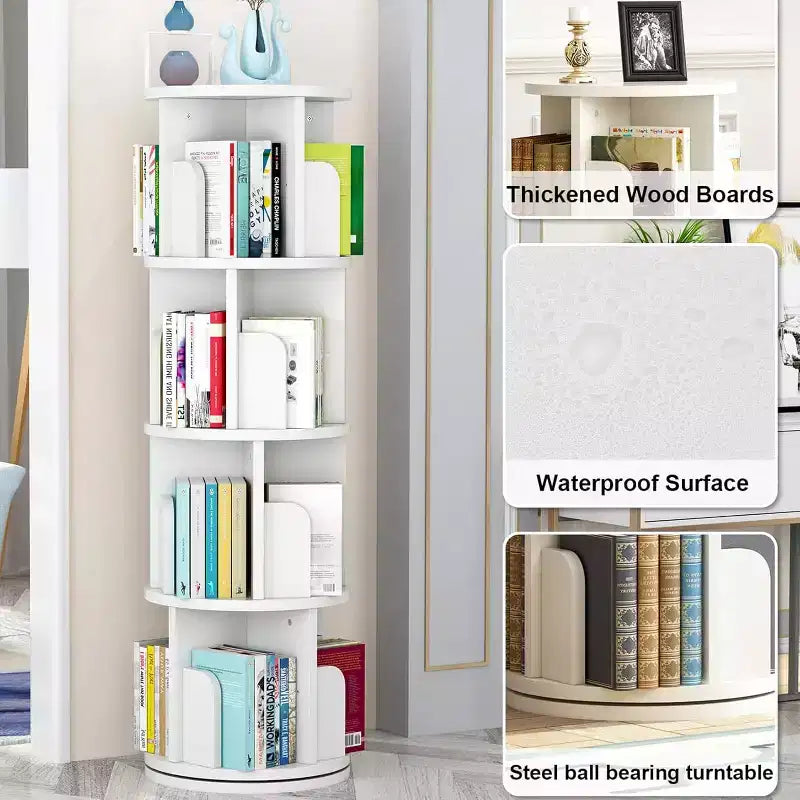 Bibliothèque tournante à 4 niveaux, étagère étroite pivotante à 360° pour petits espaces, organisateur d'angle avec finition ton bois pour chambre et salon