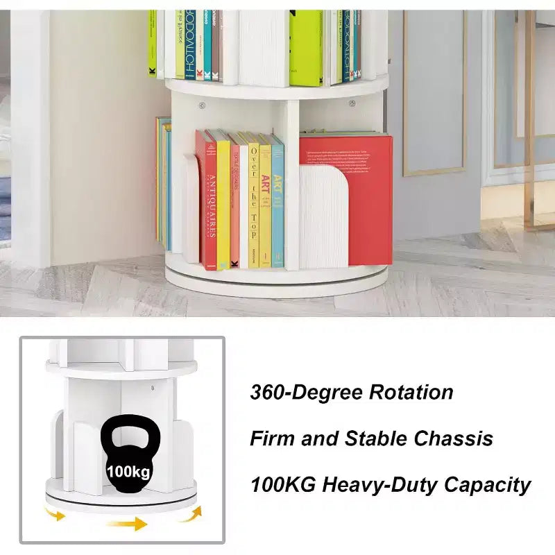 Bibliothèque tournante à 4 niveaux, étagère étroite pivotante à 360° pour petits espaces, organisateur d'angle avec finition ton bois pour chambre et salon