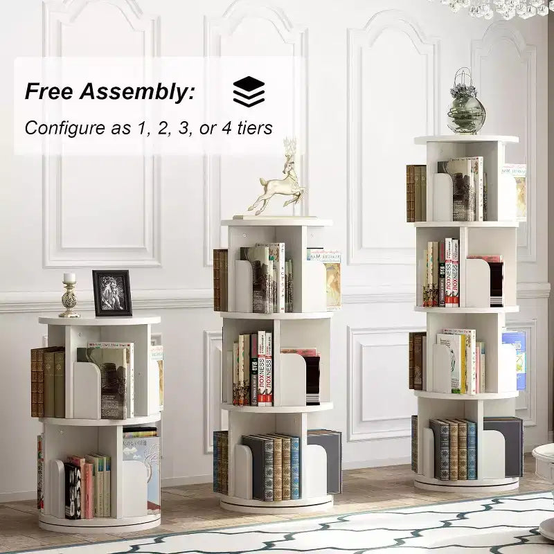 Bibliothèque tournante à 4 niveaux, étagère étroite pivotante à 360° pour petits espaces, organisateur d'angle avec finition ton bois pour chambre et salon