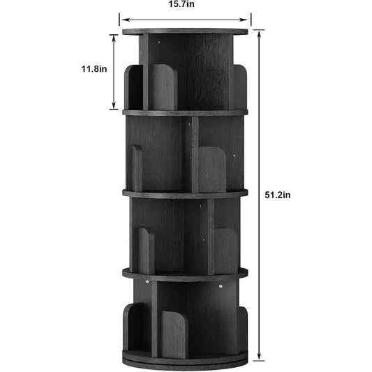 Bibliothèque tournante à 4 niveaux, étagère étroite pivotante à 360° pour petits espaces, organisateur d'angle avec finition ton bois pour chambre et salon