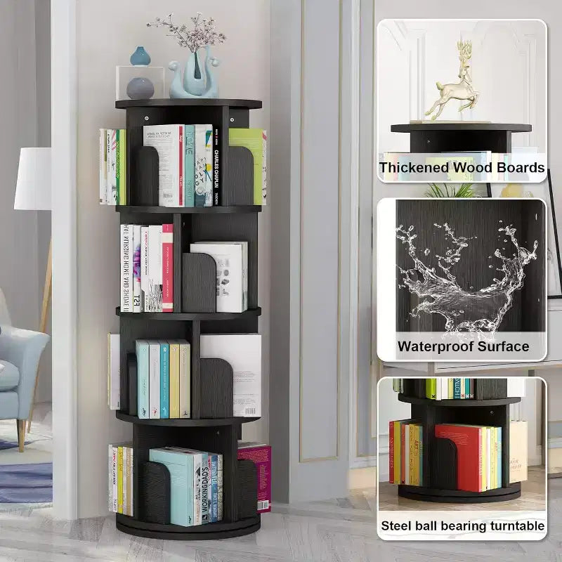 Bibliothèque tournante à 4 niveaux, étagère étroite pivotante à 360° pour petits espaces, organisateur d'angle avec finition ton bois pour chambre et salon