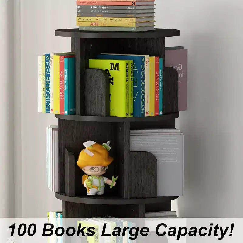Bibliothèque tournante à 4 niveaux, étagère étroite pivotante à 360° pour petits espaces, organisateur d'angle avec finition ton bois pour chambre et salon