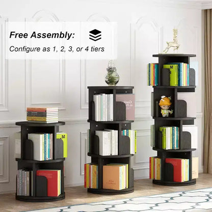 Bibliothèque tournante à 4 niveaux, étagère étroite pivotante à 360° pour petits espaces, organisateur d'angle avec finition ton bois pour chambre et salon