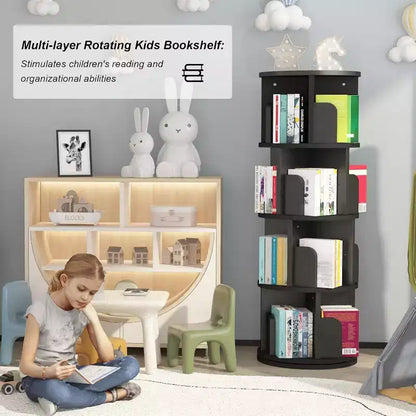 Bibliothèque tournante à 4 niveaux, étagère étroite pivotante à 360° pour petits espaces, organisateur d'angle avec finition ton bois pour chambre et salon