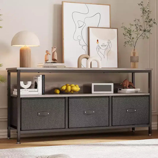 Meuble TV avec 3 tiroirs en tissu, meuble TV pour téléviseur de 55 pouces, meuble TV de rangement moderne pour salon, centre de divertissement avec espace ouvert pour salon