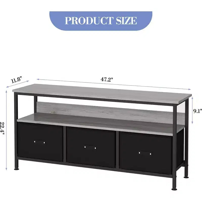 Meuble TV avec 3 tiroirs en tissu, meuble TV pour téléviseur de 55 pouces, meuble TV de rangement moderne pour salon, centre de divertissement avec espace ouvert pour salon