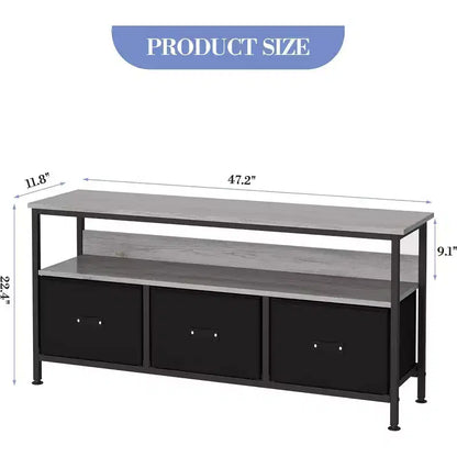 Meuble TV avec 3 tiroirs en tissu, meuble TV pour téléviseur de 55 pouces, meuble TV de rangement moderne pour salon, centre de divertissement avec espace ouvert pour salon