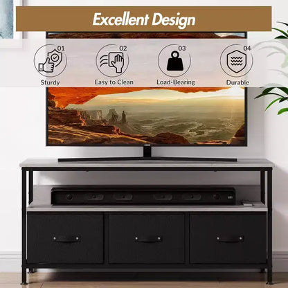 Meuble TV avec 3 tiroirs en tissu, meuble TV pour téléviseur de 55 pouces, meuble TV de rangement moderne pour salon, centre de divertissement avec espace ouvert pour salon