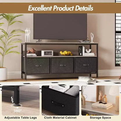 Meuble TV avec 3 tiroirs en tissu, meuble TV pour téléviseur de 55 pouces, meuble TV de rangement moderne pour salon, centre de divertissement avec espace ouvert pour salon