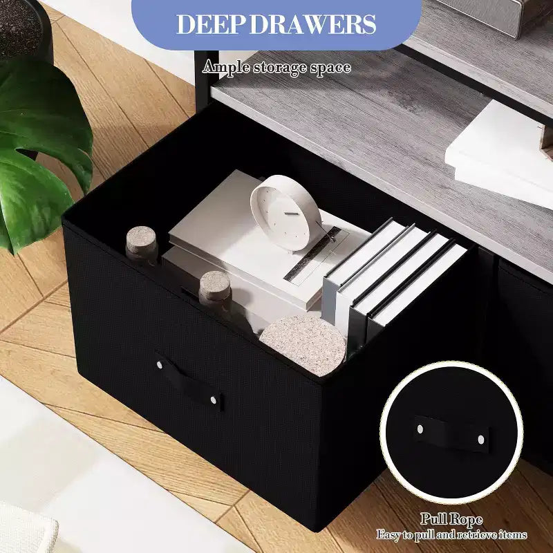 Meuble TV avec 3 tiroirs en tissu, meuble TV pour téléviseur de 55 pouces, meuble TV de rangement moderne pour salon, centre de divertissement avec espace ouvert pour salon