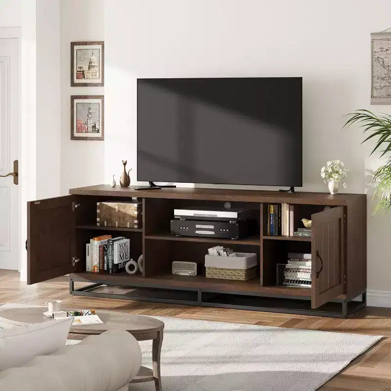 Meuble TV pour Salon, Meuble TV avec Étagères Réglables à 2 Niveaux et Pieds en Métal, Meuble Console TV en Bois pour 75 Pouces avec Compartiments