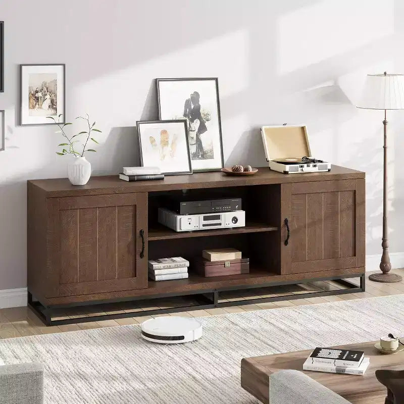 Meuble TV pour Salon, Meuble TV avec Étagères Réglables à 2 Niveaux et Pieds en Métal, Meuble Console TV en Bois pour 75 Pouces avec Compartiments