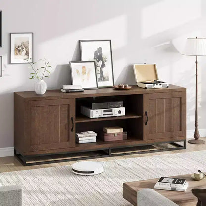 Meuble TV pour Salon, Meuble TV avec Étagères Réglables à 2 Niveaux et Pieds en Métal, Meuble Console TV en Bois pour 75 Pouces avec Compartiments