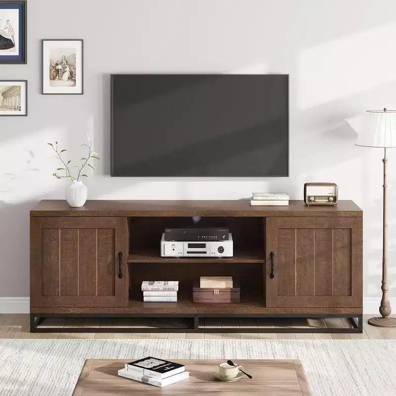 Meuble TV pour Salon, Meuble TV avec Étagères Réglables à 2 Niveaux et Pieds en Métal, Meuble Console TV en Bois pour 75 Pouces avec Compartiments