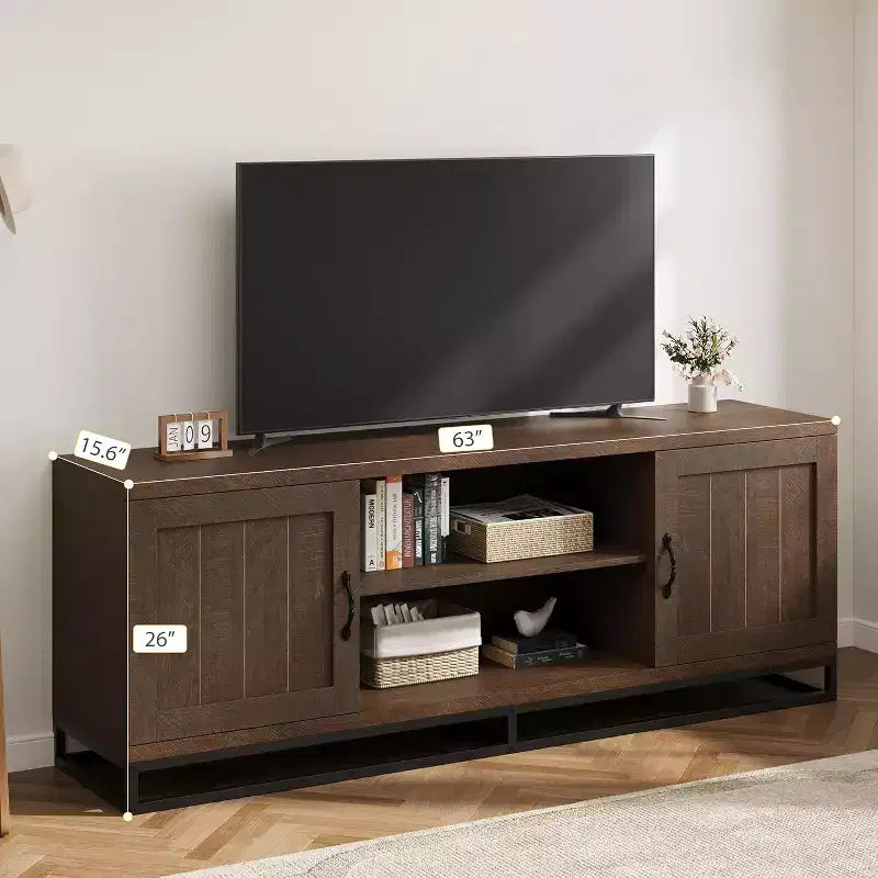 Meuble TV pour Salon, Meuble TV avec Étagères Réglables à 2 Niveaux et Pieds en Métal, Meuble Console TV en Bois pour 75 Pouces avec Compartiments