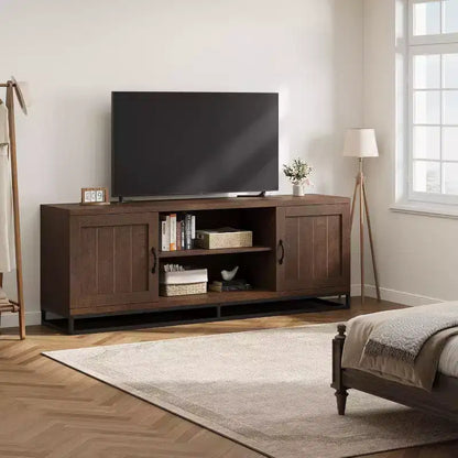 Meuble TV pour Salon, Meuble TV avec Étagères Réglables à 2 Niveaux et Pieds en Métal, Meuble Console TV en Bois pour 75 Pouces avec Compartiments