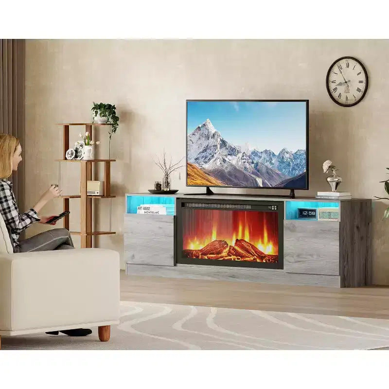 Meuble TV moderne pour téléviseur jusqu'à 75 pouces, console TV grise de 70 pouces avec rangements, meuble TV en bois pour salon