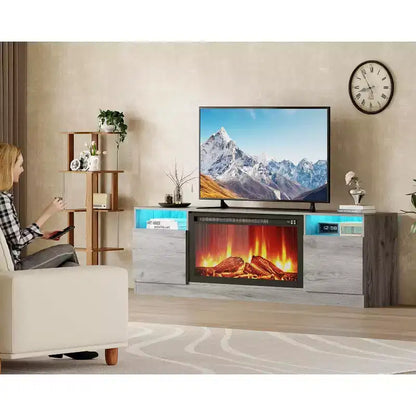 Meuble TV moderne pour téléviseur jusqu'à 75 pouces, console TV grise de 70 pouces avec rangements, meuble TV en bois pour salon