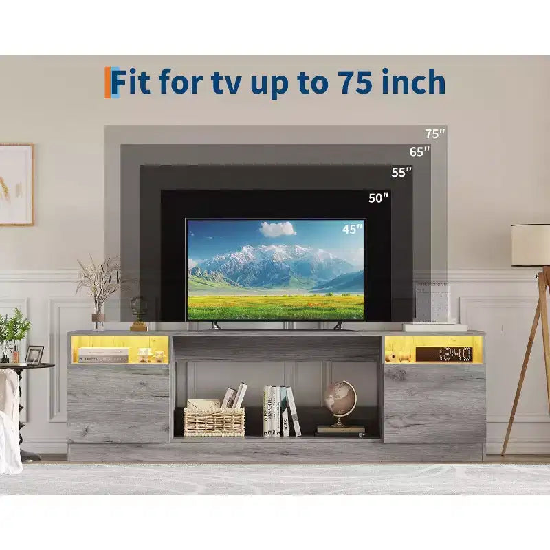 Meuble TV moderne pour téléviseur jusqu'à 75 pouces, console TV grise de 70 pouces avec rangements, meuble TV en bois pour salon