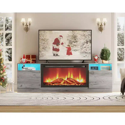 Meuble TV moderne pour téléviseur jusqu'à 75 pouces, console TV grise de 70 pouces avec rangements, meuble TV en bois pour salon