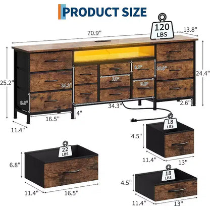 Meuble TV commode longue de 70 pouces pour téléviseurs de 65, 75, 80 pouces, commode à tiroirs en tissu et prises de courant et lumières LED, grand centre de divertissement pour chambre à coucher