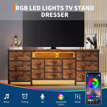 Meuble TV commode longue de 70 pouces pour téléviseurs de 65, 75, 80 pouces, commode à tiroirs en tissu et prises de courant et lumières LED, grand centre de divertissement pour chambre à coucher