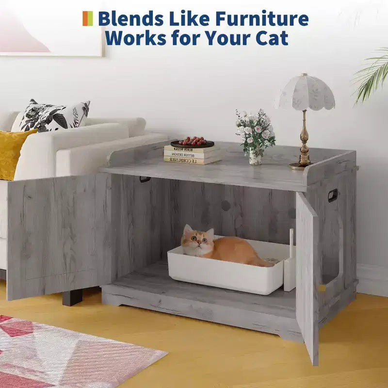 Meuble cache-litière pour chat, cache-litière 80 cm - Maison pour animaux en bois avec porte coulissante ventilée grande capacité