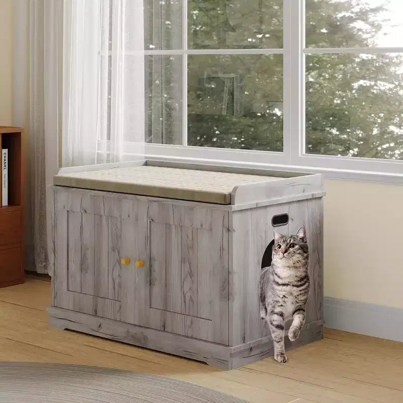 Meuble cache-litière pour chat, cache-litière 80 cm - Maison pour animaux en bois avec porte coulissante ventilée grande capacité