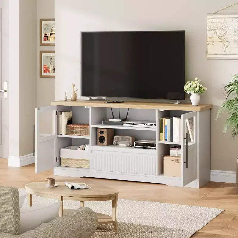 Meuble TV de ferme de 160 cm pour téléviseurs jusqu'à 183 cm, meuble de divertissement à motif vague avec 2 armoires à portes vitrées et 2 étagères ouvertes, pour salon