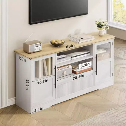 Meuble TV de ferme de 160 cm pour téléviseurs jusqu'à 183 cm, meuble de divertissement à motif vague avec 2 armoires à portes vitrées et 2 étagères ouvertes, pour salon
