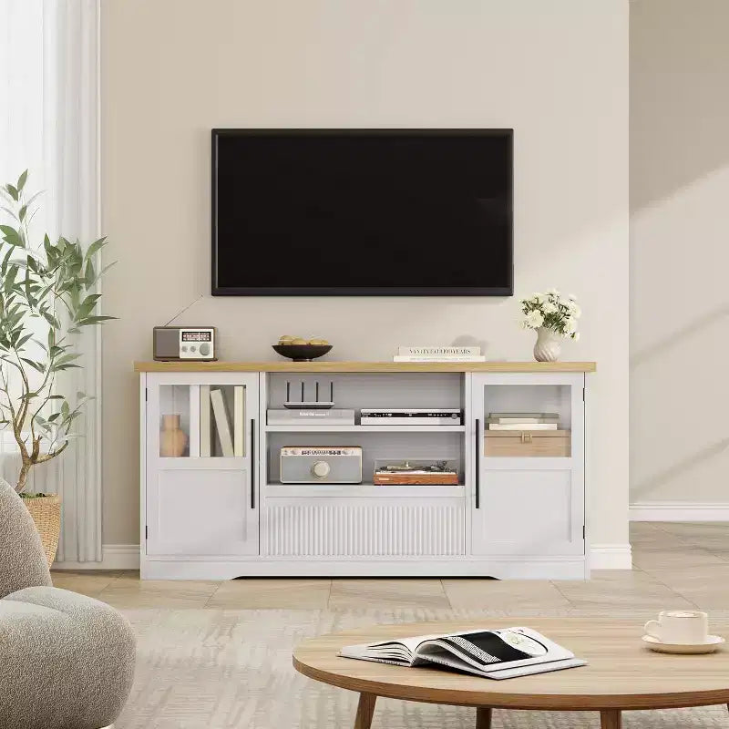 Meuble TV de ferme de 160 cm pour téléviseurs jusqu'à 183 cm, meuble de divertissement à motif vague avec 2 armoires à portes vitrées et 2 étagères ouvertes, pour salon