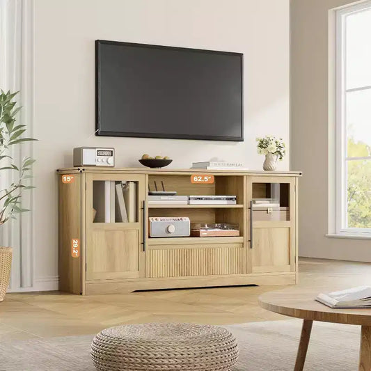 Meuble TV de ferme de 160 cm pour téléviseurs jusqu'à 183 cm, meuble de divertissement à motif vague avec 2 armoires à portes vitrées et 2 étagères ouvertes, pour salon