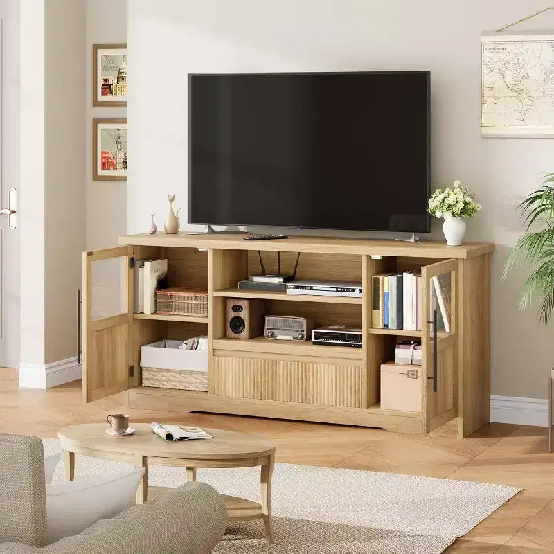 Meuble TV de ferme de 160 cm pour téléviseurs jusqu'à 183 cm, meuble de divertissement à motif vague avec 2 armoires à portes vitrées et 2 étagères ouvertes, pour salon