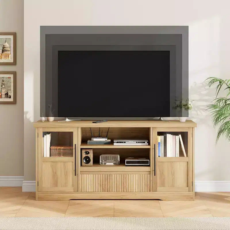 Meuble TV de ferme de 160 cm pour téléviseurs jusqu'à 183 cm, meuble de divertissement à motif vague avec 2 armoires à portes vitrées et 2 étagères ouvertes, pour salon