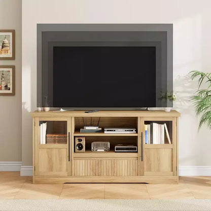 Meuble TV de ferme de 160 cm pour téléviseurs jusqu'à 183 cm, meuble de divertissement à motif vague avec 2 armoires à portes vitrées et 2 étagères ouvertes, pour salon