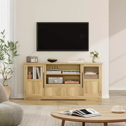 Meuble TV de ferme de 160 cm pour téléviseurs jusqu'à 183 cm, meuble de divertissement à motif vague avec 2 armoires à portes vitrées et 2 étagères ouvertes, pour salon