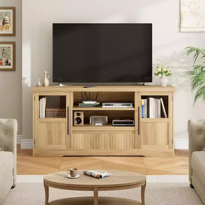 Meuble TV de ferme de 160 cm pour téléviseurs jusqu'à 183 cm, meuble de divertissement à motif vague avec 2 armoires à portes vitrées et 2 étagères ouvertes, pour salon