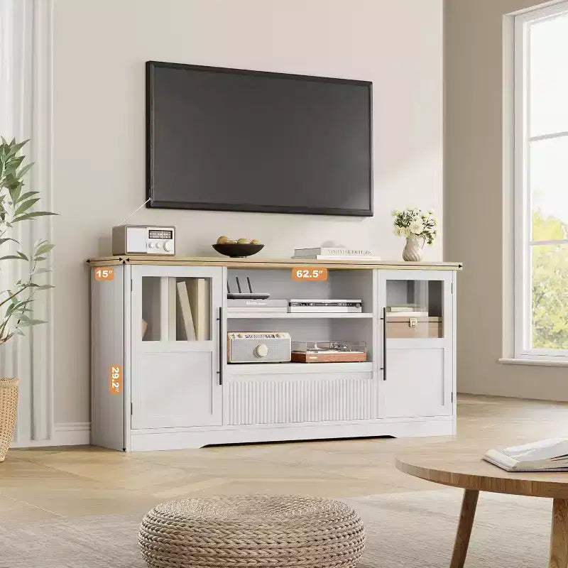Meuble TV de ferme de 160 cm pour téléviseurs jusqu'à 183 cm, meuble de divertissement à motif vague avec 2 armoires à portes vitrées et 2 étagères ouvertes, pour salon