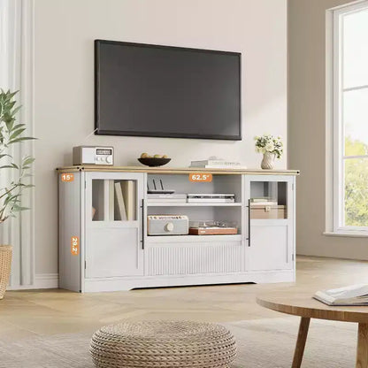Meuble TV de ferme de 160 cm pour téléviseurs jusqu'à 183 cm, meuble de divertissement à motif vague avec 2 armoires à portes vitrées et 2 étagères ouvertes, pour salon