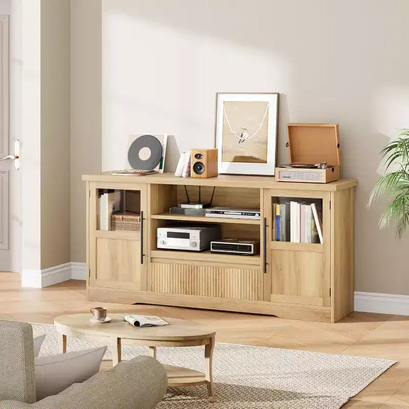 63 in Farmhouse TV Stand for TVs Up to 72 in, Wave Pattern Entertainment Center with 2 Glass Door Cabinets & 2 Open Shelves, for Living Room