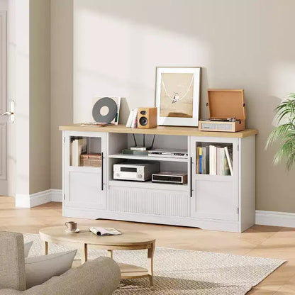 Meuble TV de ferme de 160 cm pour téléviseurs jusqu'à 183 cm, meuble de divertissement à motif vague avec 2 armoires à portes vitrées et 2 étagères ouvertes, pour salon