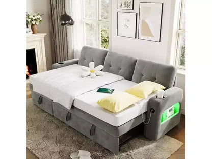 COZONY 84 Canapé-lit avec rangement, Canapé-lit sectionnel convertible en velours avec lumières LED, méridienne réversible et lit gigogne pour salon