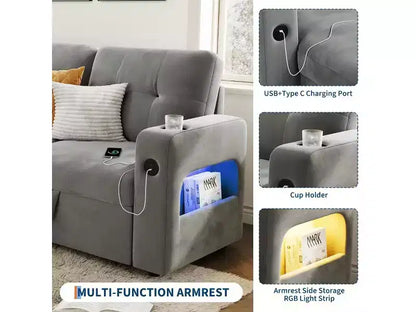 COZONY 84 Canapé-lit avec rangement, Canapé-lit sectionnel convertible en velours avec lumières LED, méridienne réversible et lit gigogne pour salon